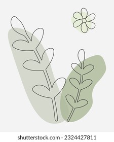 Vector drawing in one line style. Outline drawing of plant leaves. Vector