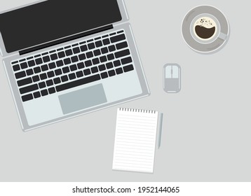 Vector drawing of an open laptop with a black keyboard, next to a wireless mouse and coffee. View from above