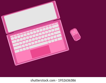 Vector drawing of an open laptop with a black keyboard, next to a wireless mouse. View from above