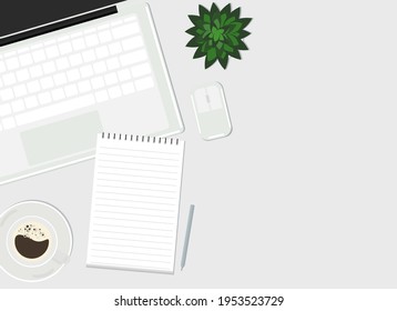 Vector drawing of an open laptop with a white keyboard, next to a wireless mouse and coffee. View from above