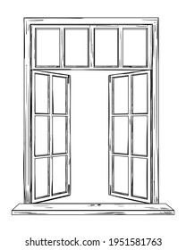 Vector drawing of an open window, isolated object in sketch style. Open home window to the outside illustration.