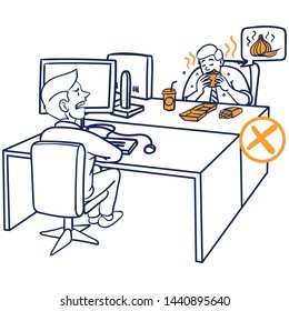 Vector drawing of a open-plan office. two colleagues sitting opposite each other. a man eats stinking food and bothers everyone in the office. outline, comic, office, rules, blue, yellow, stink, annoy