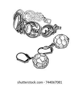 Vector drawing of an openwork bracelet with stones and earrings-pendants. Hand drawn linear illustration of a jewelry. Isolated jewelry accessories.
