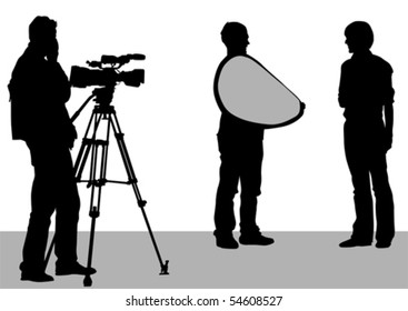 Vector drawing of the operator with a video camera. Silhouettes on white background