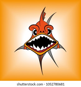 Vector drawing of a orange and gray colored cartoon fish looking angry and showing its teeth on a gradient background