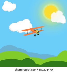 Vector drawing of an orange plane flying in the sunny sky above green valley