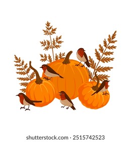 vector drawing orange pumpkin with birds and leaves, thanksgiving day composition isolated at white background, hand drawn illustration
