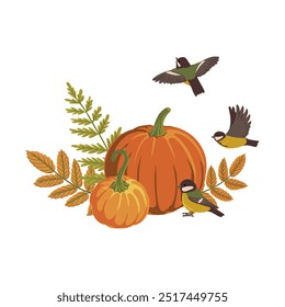 vector drawing orange pumpkin with birds and leaves, thanksgiving day composition isolated at white background, hand drawn illustration