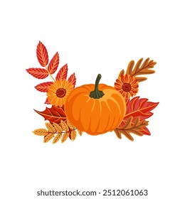 Vector que dibuja la calabaza naranja con las flores y las hojas, composición del día de acción de gracias aislada en el fondo blanco, ilustración dibujada a mano