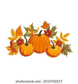 Vector que dibuja la calabaza naranja con las flores y las hojas, composición del día de acción de gracias aislada en el fondo blanco, ilustración dibujada a mano