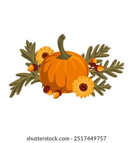vector drawing orange pumpkin with flowers, acorns and oak leaves, thanksgiving day composition isolated at white background, hand drawn illustration