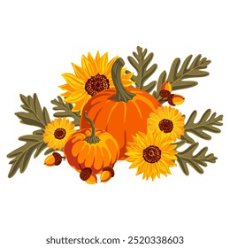 vector drawing orange pumpkin with flowers and oak leaves, sunflowers and acorns, thanksgiving day composition isolated at white background, hand drawn illustration