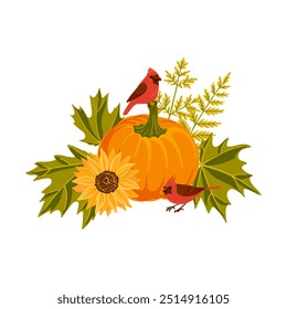 vetor desenho abóbora laranja com girassóis, pássaros e folhas de bordo, dia de ação de graças composição isolado no fundo branco, desenhado à mão ilustração