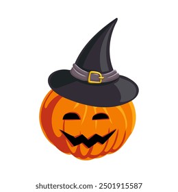 vector drawing orange pumpkin with witch hat, jack-o-lantern isolated at white background, halloween element, hand drawn illustration