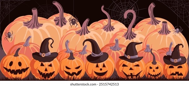 desenho de vetor abóboras laranja, jack-o-lanterna, plano de fundo de halloween, ilustração desenhada à mão