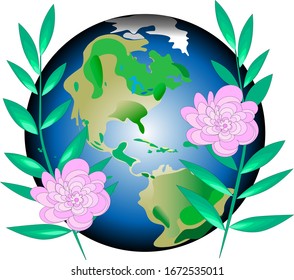 
Vector drawing of our planet and flowering twigs. A stylized image of the Earth surrounded by flowers and greenery. The concept of awareness and love. Earth Day.