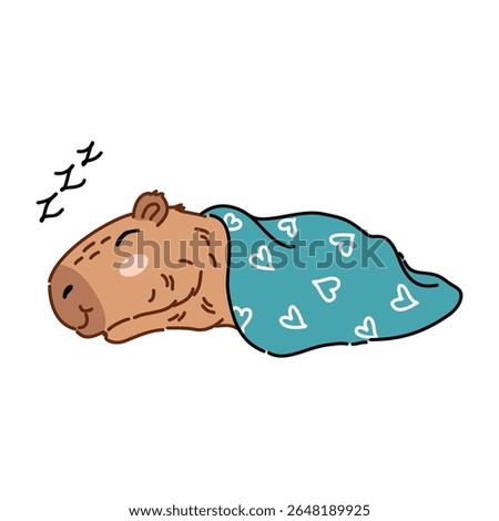 vector drawing with outline of capybara sleeping with blanket of hearts in green color and white background