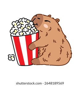 desenho vetorial com contorno de capivara bonito com balde de pipoca e fundo branco