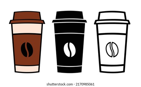 Vector drawing of an outline of a mug with a coffee bean, a silhouette of a coffee cup, and a cartoon of a mug of coffee with a coffee bean.