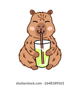 desenho vetorial com contorno de capivara sentada bebendo suco verde com palha e fundo branco