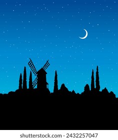 Vector drawing. The outline of the summer landscape with mill