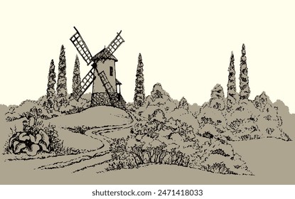 Vector drawing. The outline of the summer landscape with mill