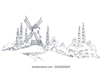 Dibujo de Vector. El contorno del paisaje de verano con molino