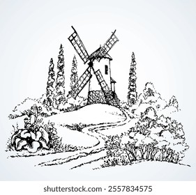 Vector drawing. The outline of the summer landscape with mill