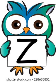 Vector drawing owl holding a card with letter z