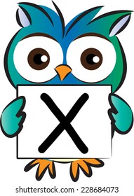Vector drawing owl holding a card with letter X