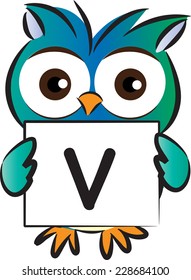 Vector drawing owl holding a card with letter V