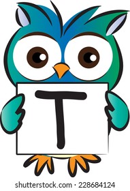 Vector drawing owl holding a card with letter T