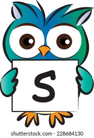 Vector drawing owl holding a card with letter S