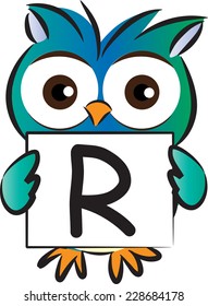 Vector drawing owl holding a card with letter R