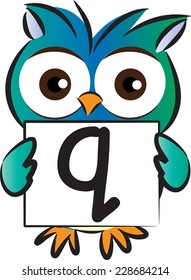 Vector drawing owl holding a card with letter Q