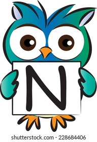 Vector drawing owl holding a card with letter N