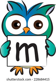 Vector drawing owl holding a card with letter M