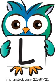 Vector drawing owl holding a card with letter L