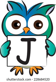 Vector drawing owl holding a card with letter J