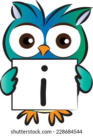 Vector drawing owl holding a card with letter I