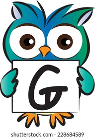 Vector drawing owl holding a card with letter G