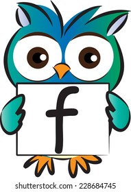 Vector drawing owl holding a card with letter F