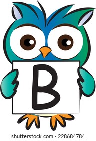 Vector drawing owl holding a card with letter B