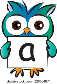 Vector drawing owl holding a card with letter A