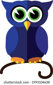 Vector drawing of an owl on a branch. Bluebird with big eyes.