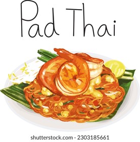 Vector drawing, Pad Thai with fresh prawns, shrimp, river prawns, noodles, Thai food, lime, spring onions, bean sprouts, dried shrimp, Pad Thai, banana leaves, ผัดไทยกุ้งสด, กุ้ง