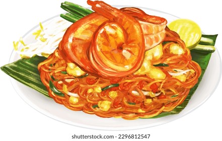 
Dibujo de vectores, Pad Thai, Alimentos para la agitación de fideos tailandeses, comida callejera, comida tailandesa, comida tailandesa, comida asiática.