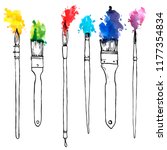 vector drawing paintbrushes with color paint, hand drawn illustration