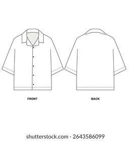 Vector drawing of pajama shirt, front and back view. Sketch of unisex summer Hawaiian shirt with short sleeves, white color. Blank button-down shirt template.