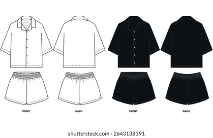 Desenho vetorial da camisa de pijama e calções em preto e branco. Esboço de shorts com banda elástica e camisa com mangas curtas. Modelo de shorts e camisa com lapela colarinho frente e vista traseira.
